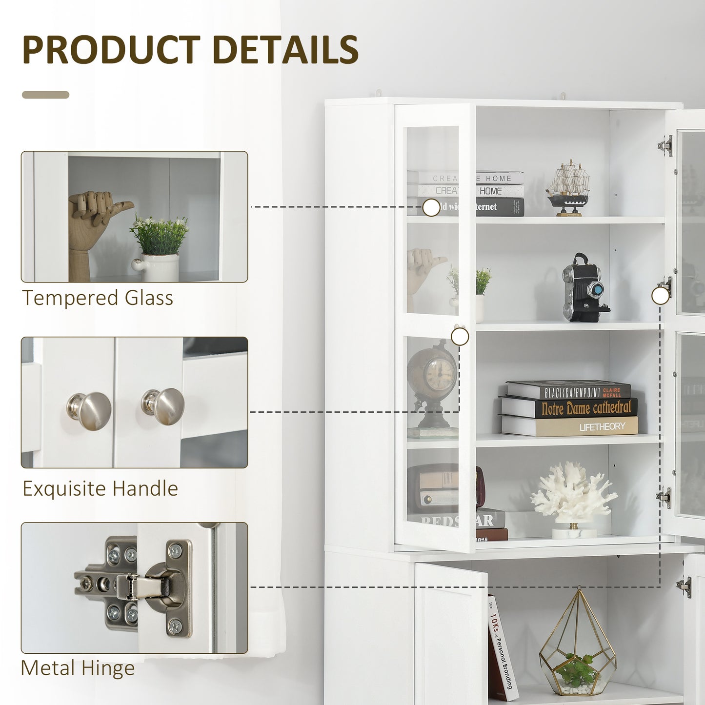 Bookcase Storage Cabinet with Doors, Modern Tall Bookshelf with 2 Adjustable Shelves, Display Unit for Study, Living Room, Office, White