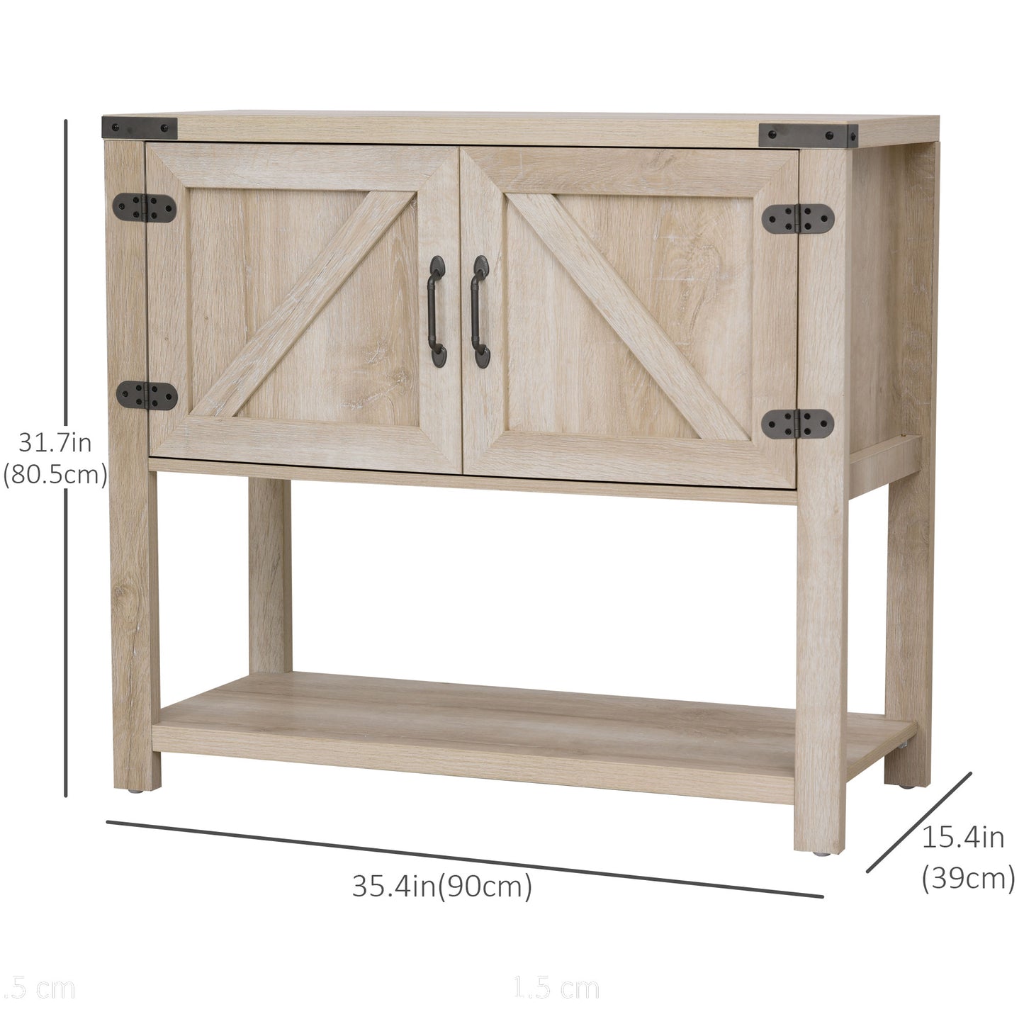 Farmhouse Kitchen Storage Cabinet, Free Standing Sideboard Console Table with Barn Doors, Bottom Shelf, Oak