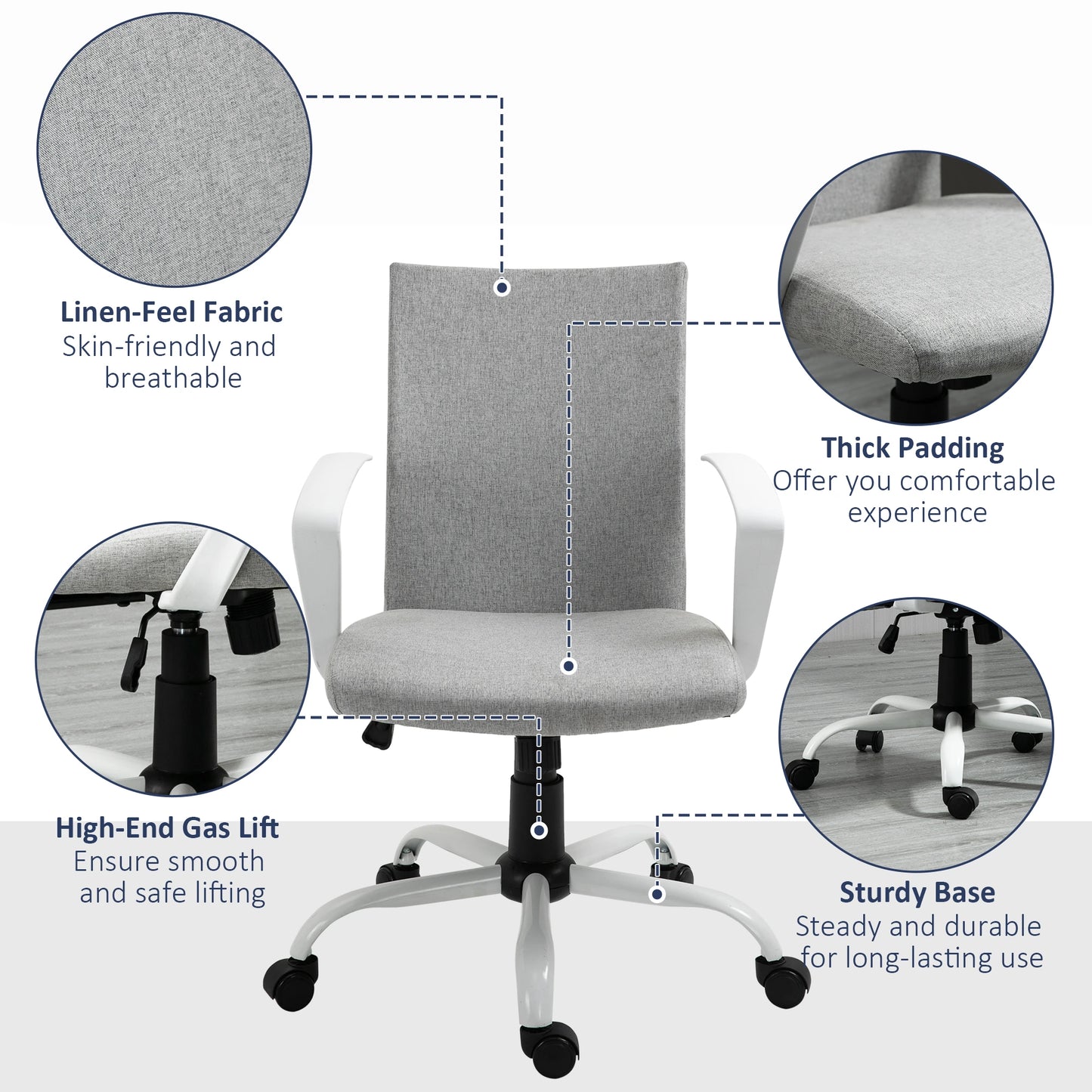 Office Chair Linen Swivel Computer Desk Office Chair  Study Task Chair with Wheels, Arm, Light Grey