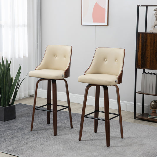 Counter Height Bar Stools Set of 2 PU Leather Swivel Barstools with Footrest and Tufted Back, Beige