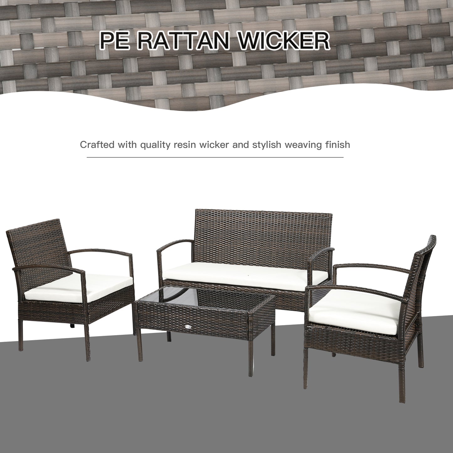 Outsunny 4Pcs Outdoor Rattan Wicker Patio Conversation Set All Weather Cushioned Seat Deck