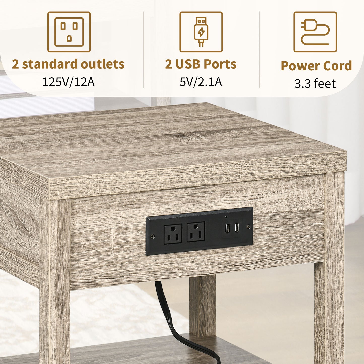 Bedside Table, Side End Table with Charging Station, Drawer and Shelf for Bedroom, 17.7" x 15.7" x 18.1", Oak Tone