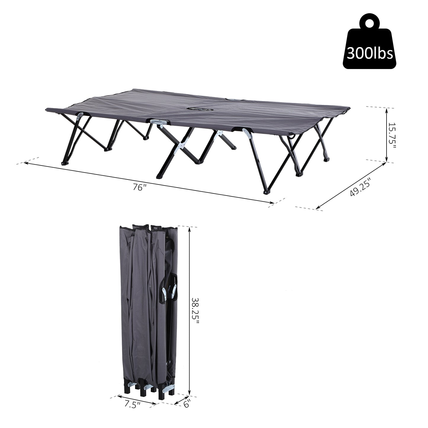 Outsunny 76" Two Person Folding Camping Cot Outdoor Portable Double Cot Wide Military Sleeping Bed w/ Carrying Bag Grey