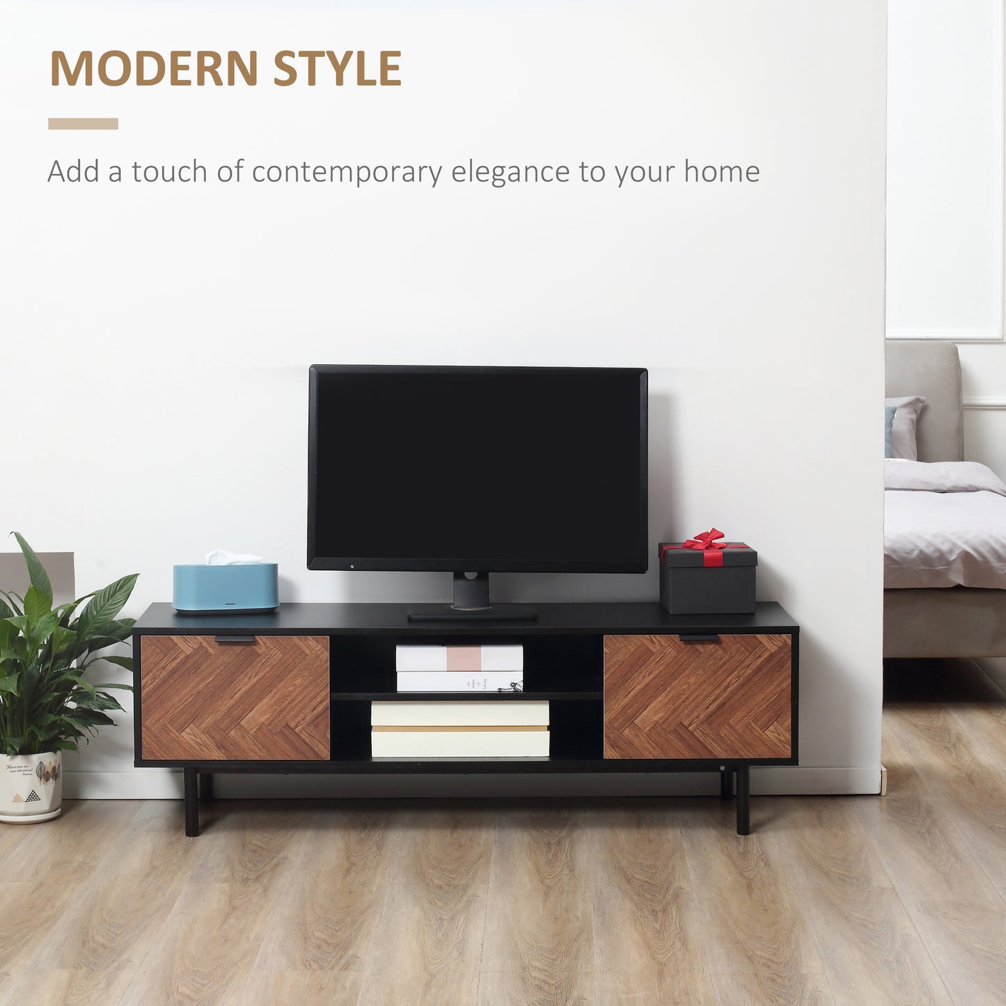 Modern TV Stand with Storage for TVs up to 50", Media Console with 2 Cupboards and Open Shelves, TV Unit for Bedroom, Living Room, Black