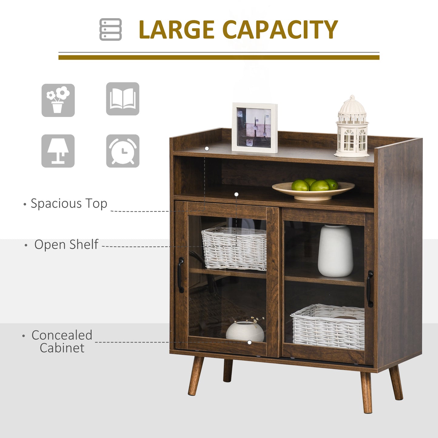 Kitchen Cabinet Storage Sideboard Server Console Buffet Table with Framed Glass Doors Brown