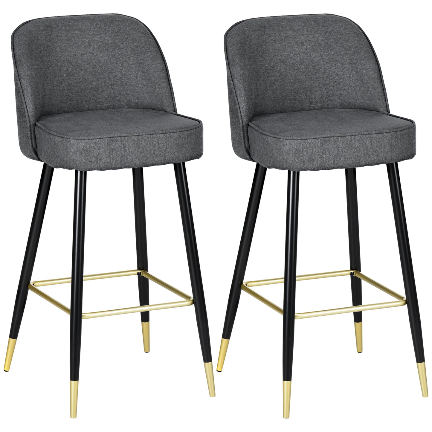 Set of 2 Mid-Back Upholstered Fabric Barstools, Kitchen Stools, Fabric Bar Chairs with Gold-Capped Steel Legs, Backrest and Footrest, Grey