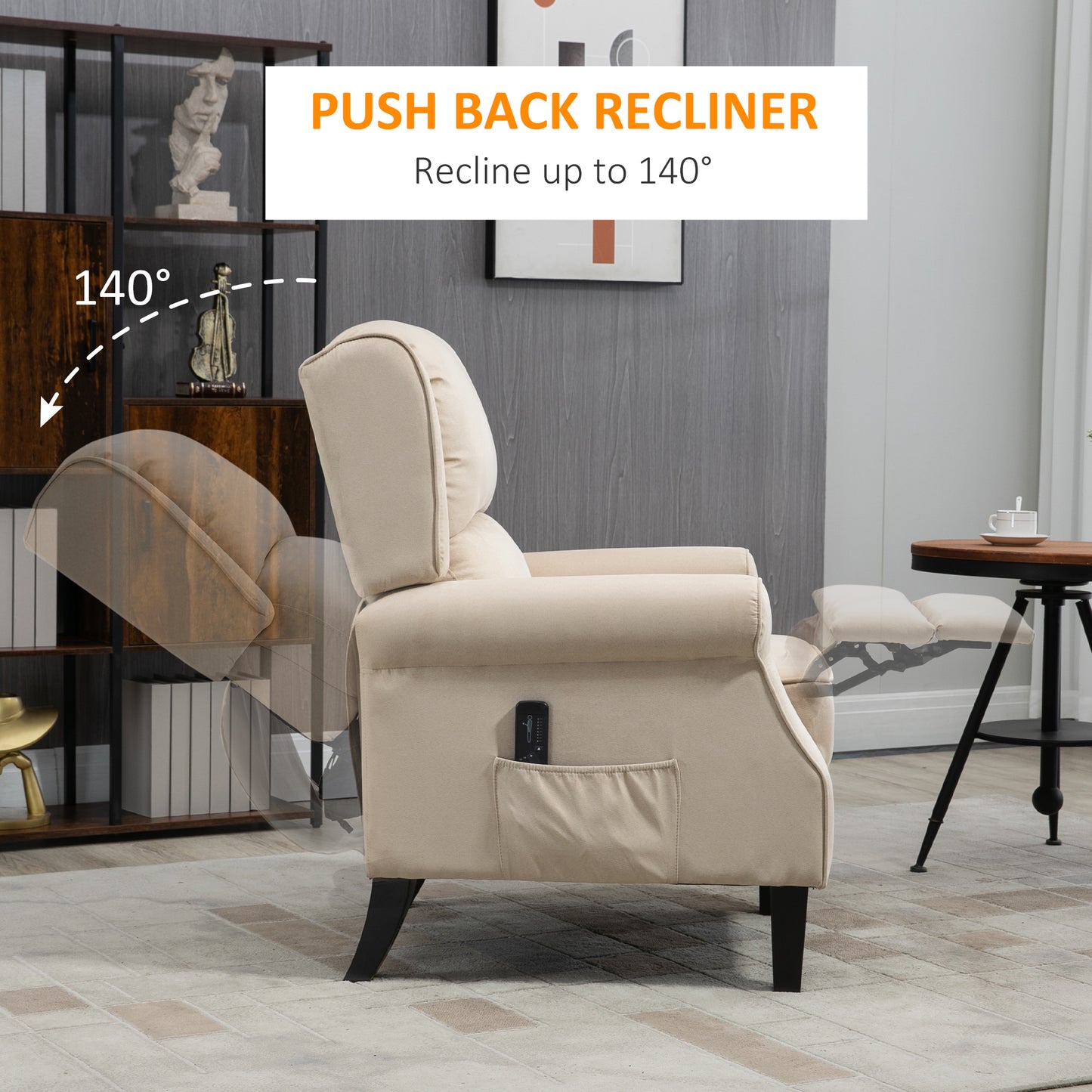 Massage Recliner Chair for Living Room, Push Back Recliner Armchair with Extendable Footrest, Remote Controller, Side Pocket, Cream White