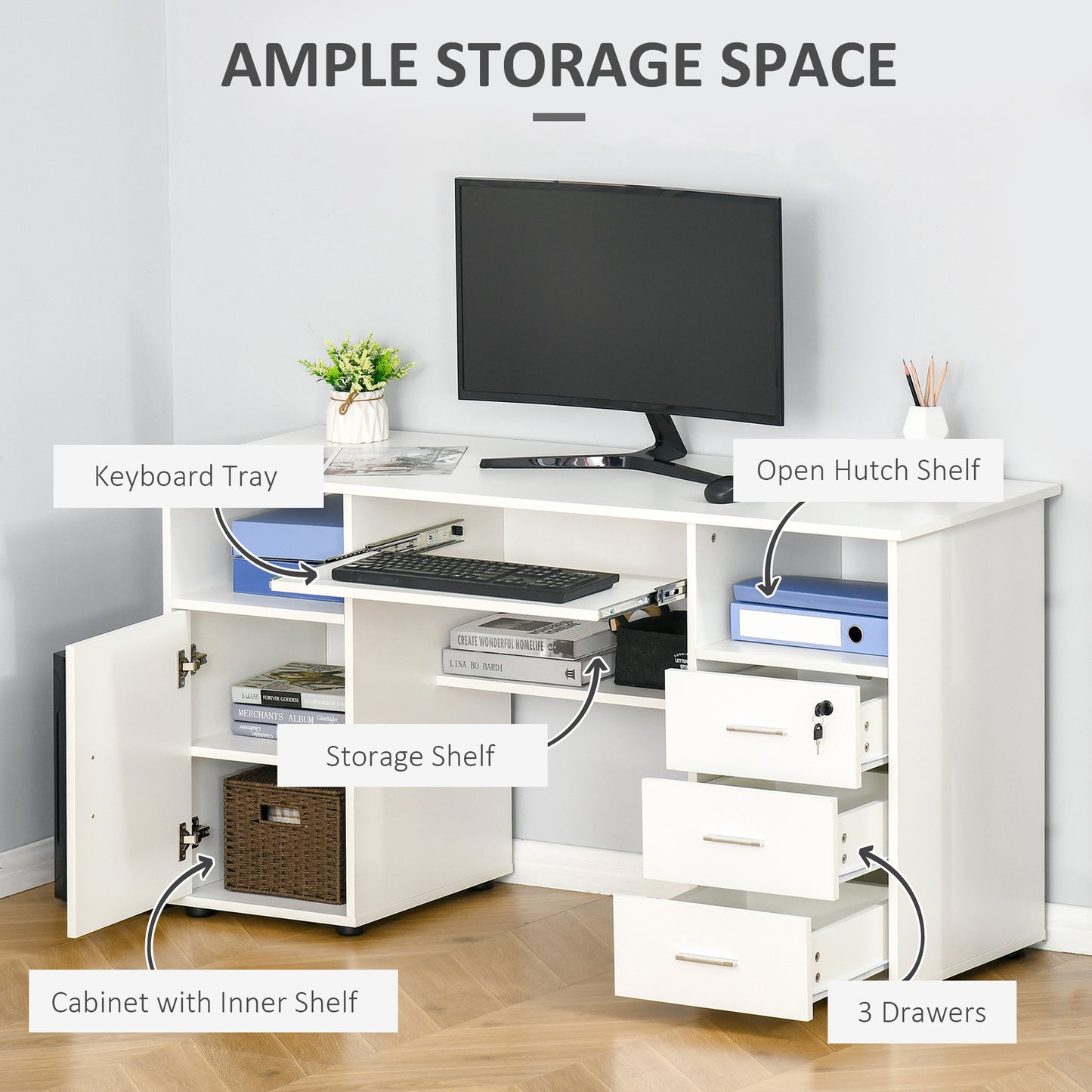 Computer Desk with Keyboard Tray and Drawers, Writing Desk, Home Office Workstation, White