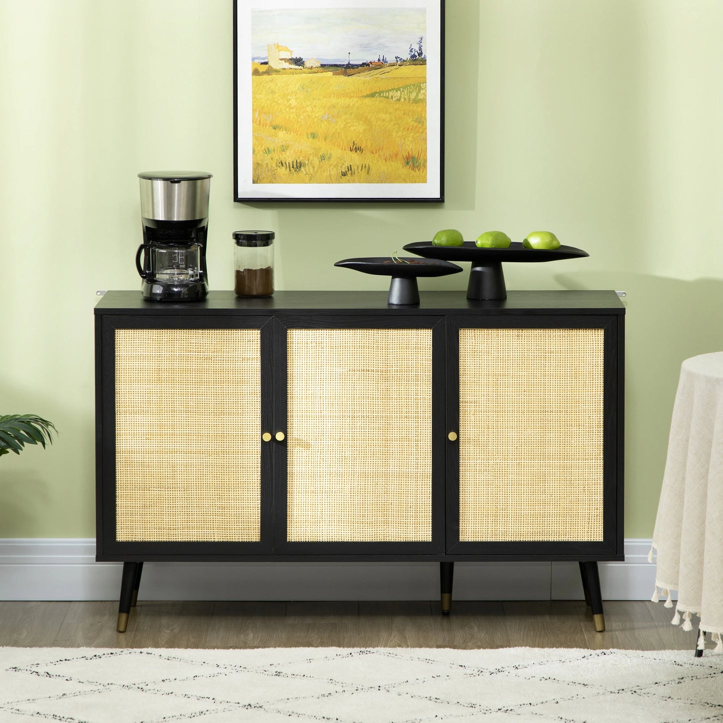 Natural Kitchen Sideboard, Rattan Door Buffet Cabinet with Storage Shelves and Wood Legs for Living Room, Study, Hallway, Black