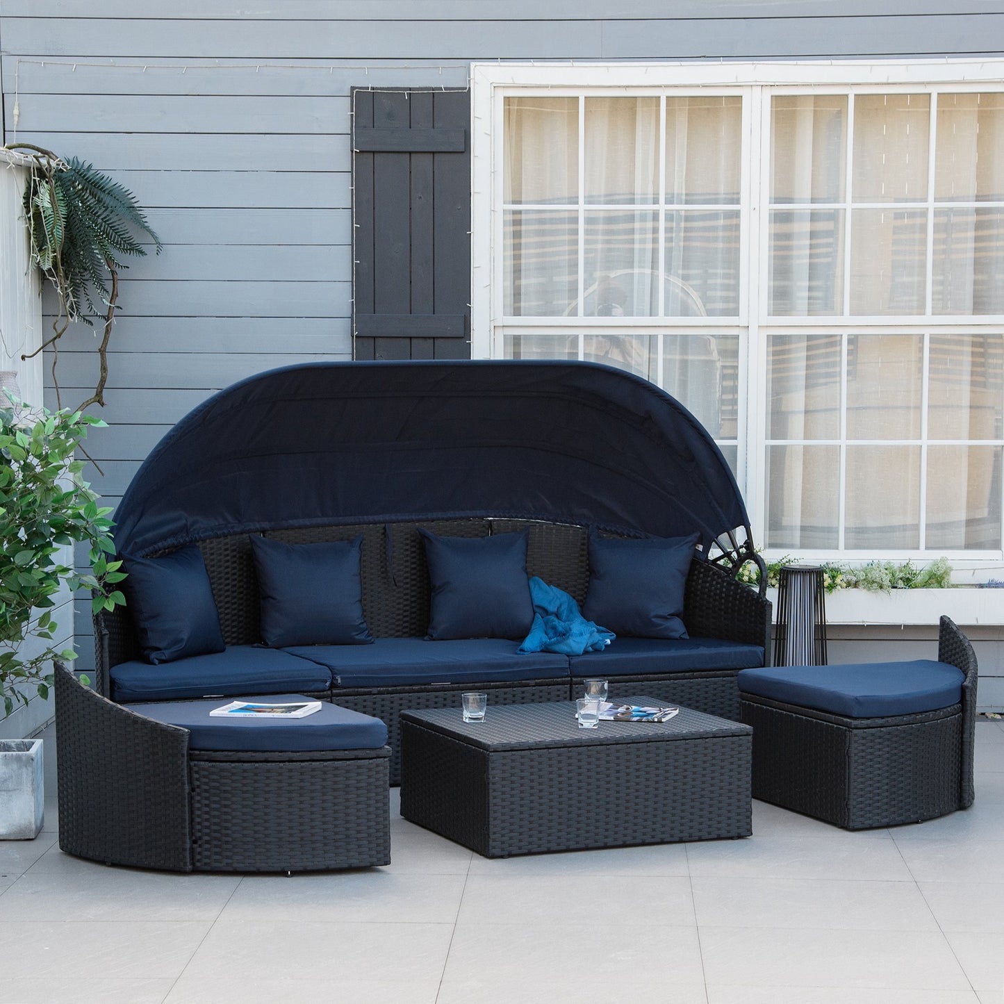 Outsunny 4 Pieces Rattan Daybed Patio PE Wicker Round Furniture Outdoor Rattan Garden Lounge Sofa Sets Sectional Conversation Set with Canopy, Cushions, & Pillows, Dark Blue