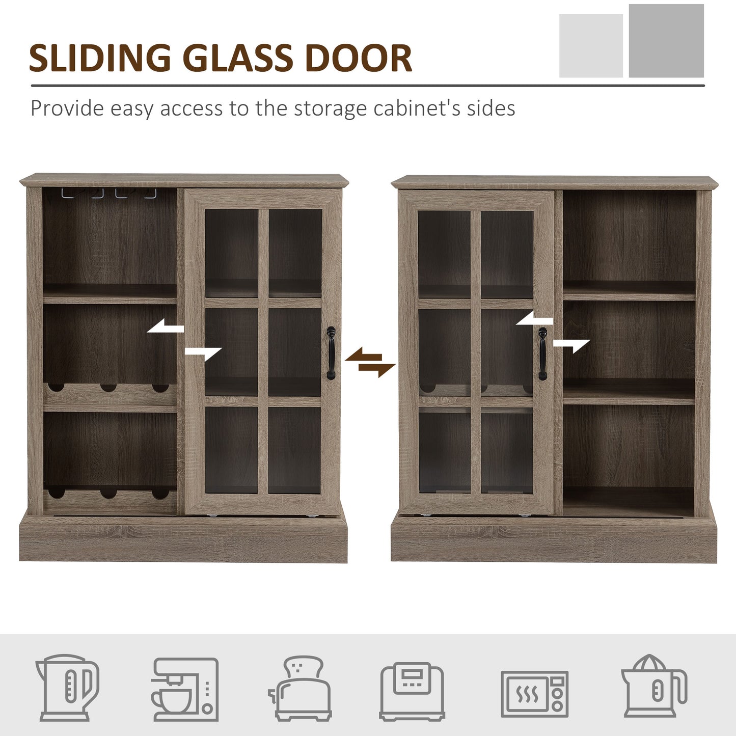 Sideboard with Sliding Glass Door, Bar Cabinet for Liquor and Glasses, Buffet Cabinet with 6-bottle Wine Rack and Stemware Racks, Brown