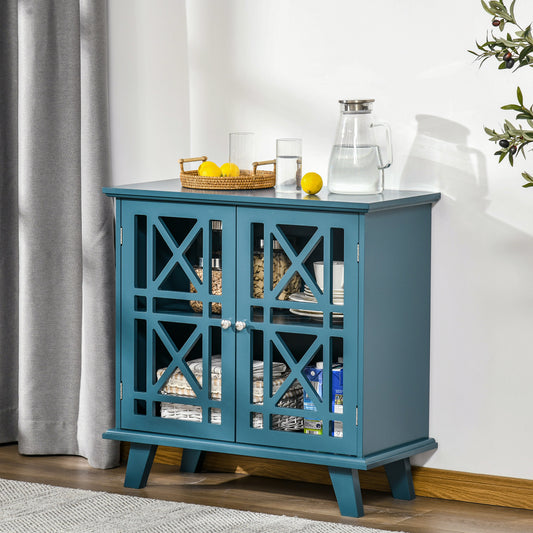 Storage Cabinet with Fretwork Doors and Shelf, Modern Freestanding Sideboard, Serving Buffet for Dining Living Room, Blue