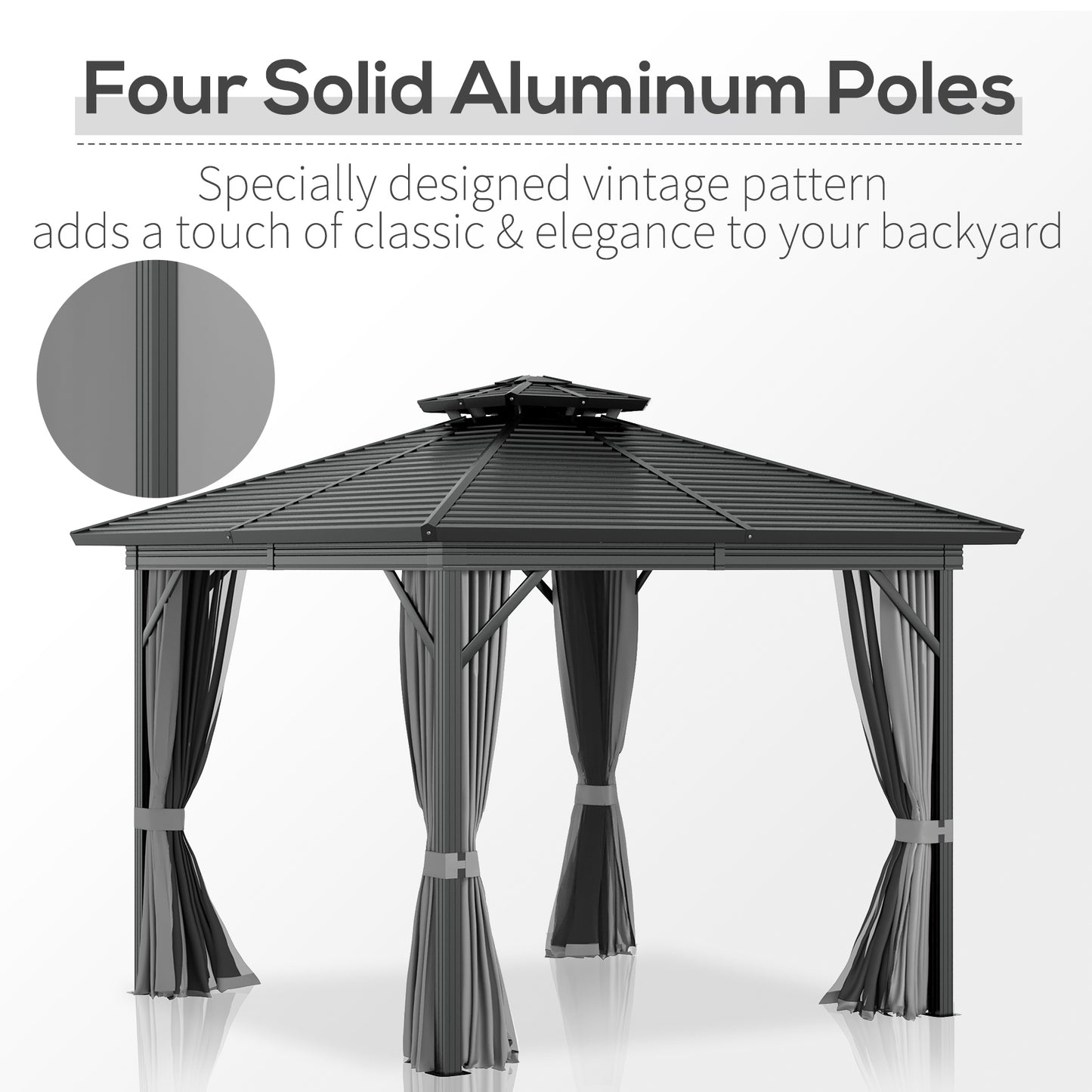 Outsunny 10' x 10' Steel Hardtop Gazebo Garden Sun Shelter with Mosquito Netting and Curtains Hanging Hook Aluminum Frame Black