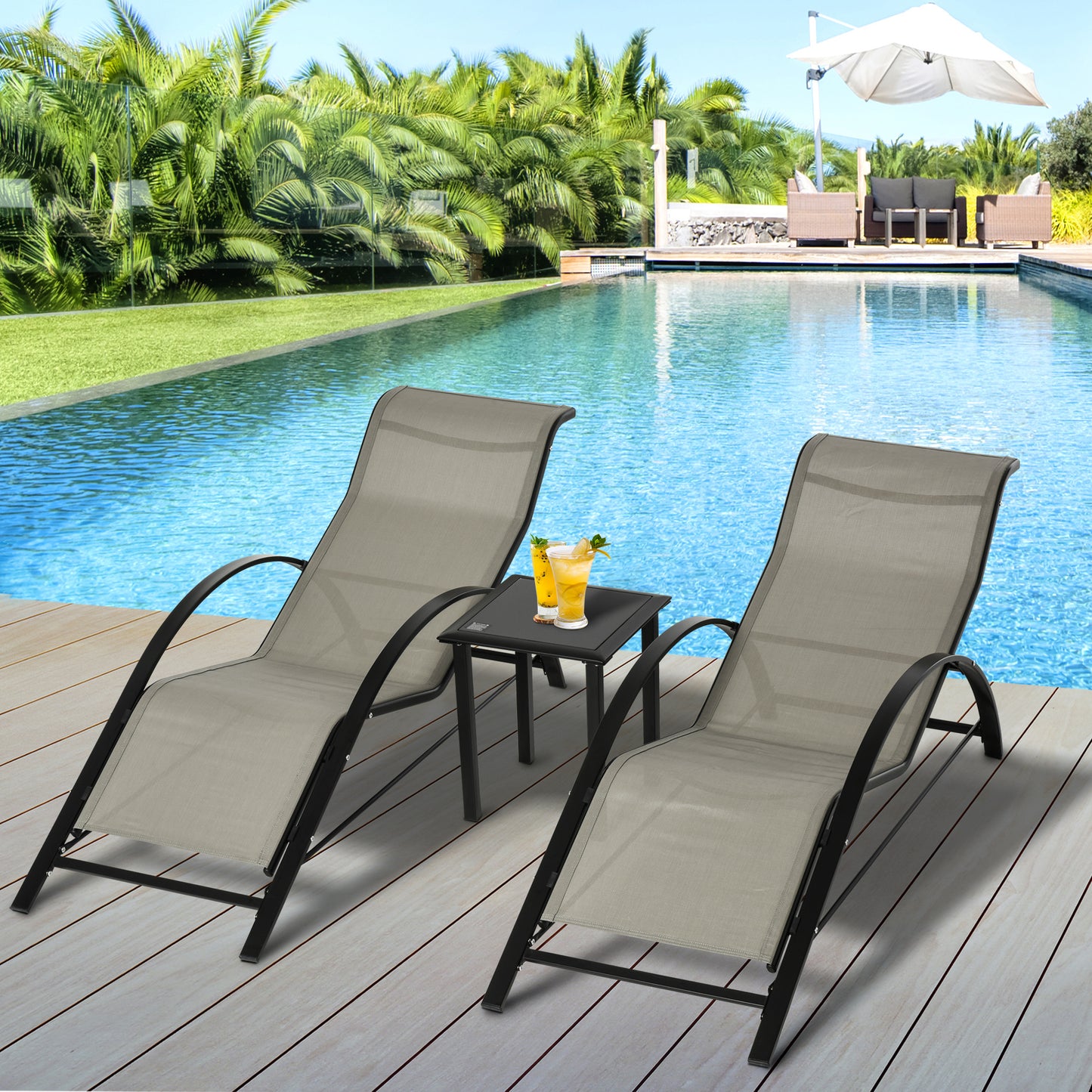 Outsunny 3 Pieces Patio Lounge Chair Set Outdoor Sunbathing Chair with Table for Yard Garden, Grey