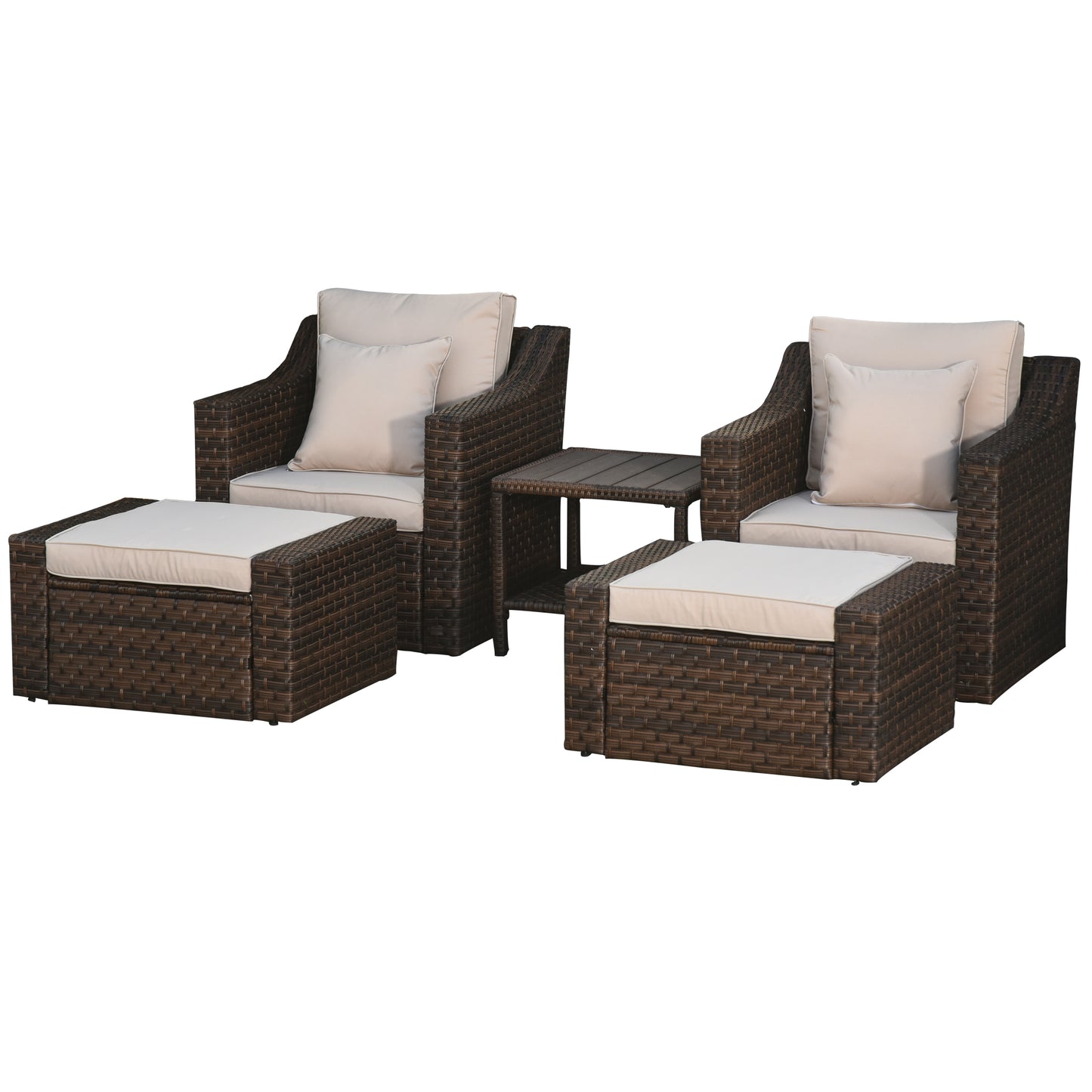 Outsunny 5-Piece Patio Rattan Wicker Conversation Set Outdoor Furniture with 2 Cushioned Armchair, 2 Ottomans and Coffee Table, Beige