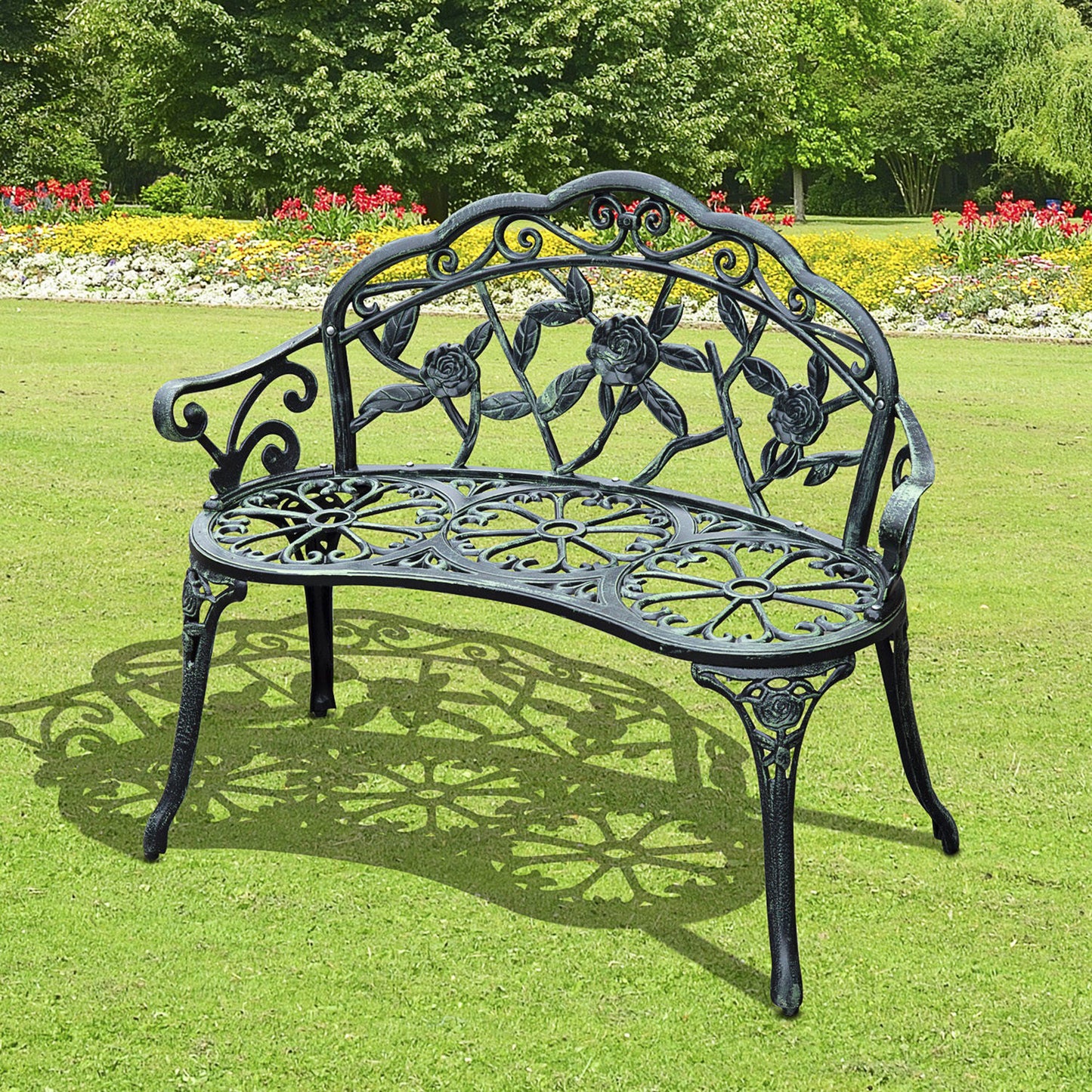 Outsunny 40" Outdoor Garden Bench, Cast Aluminum Antique Rose Style Patio Garden Park Loveseat Bench, Green