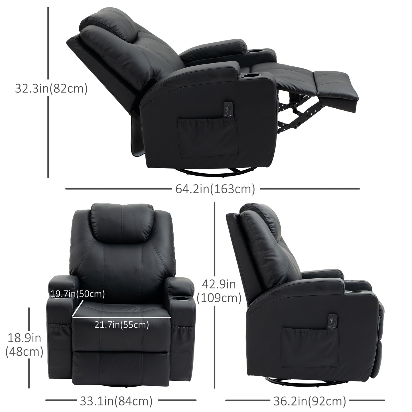 Faux Leather Recliner Chair with Massage, Vibration, Muti-function Padded Sofa Chair with Remote Control, 360 Degree Swivel Seat with Dual Cup Holders, Black