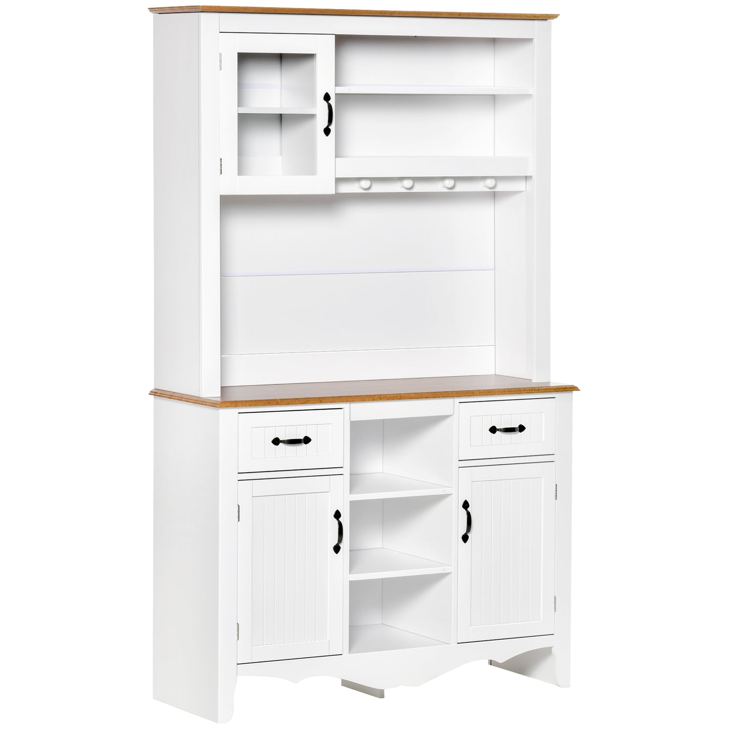 71" Kitchen Buffet with Hutch, Farmhouse Style Storage Cupboard with Utility Drawer, 3 Door Cabinets and 5-tier Shelves, White