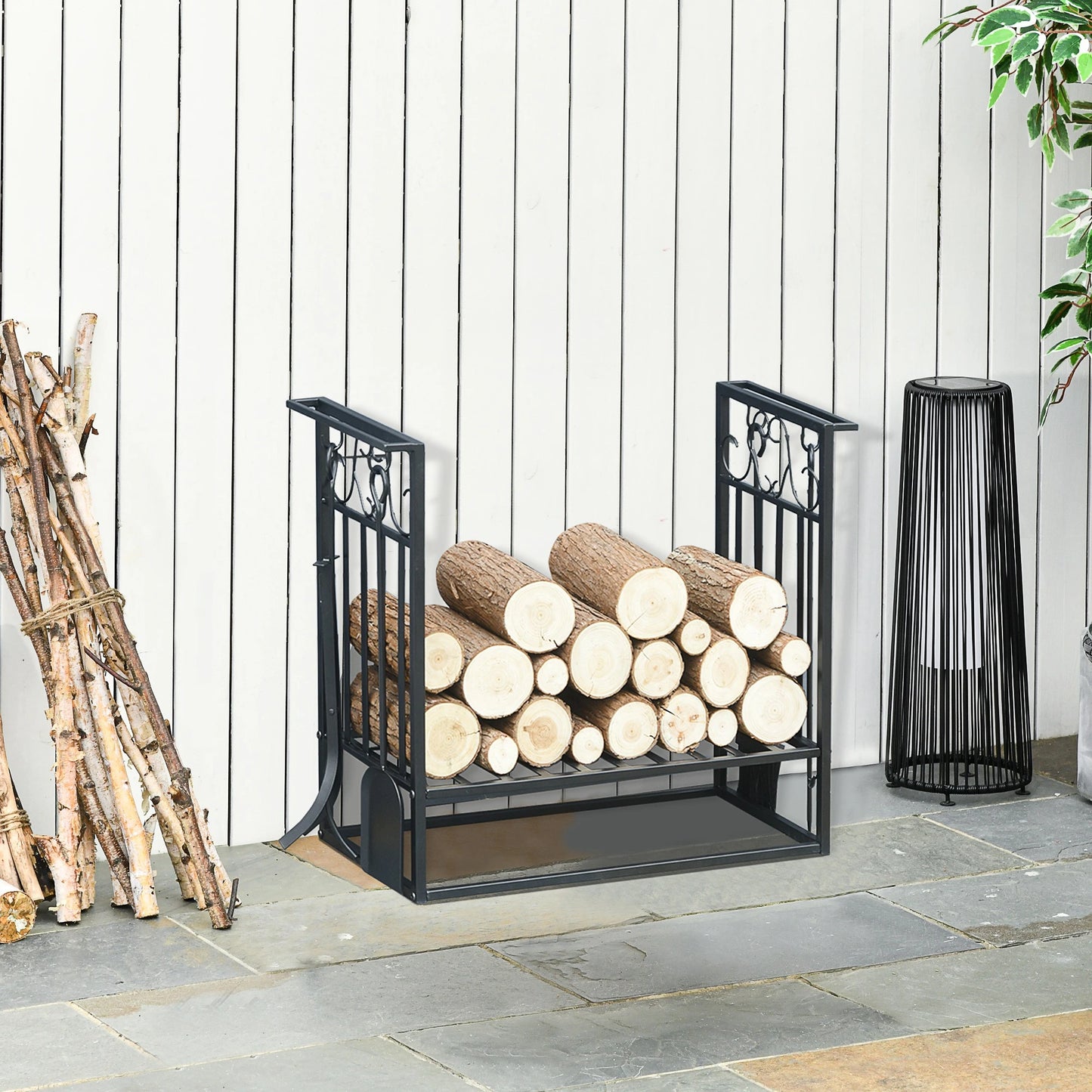 Heavy Duty Firewood Wood Log Rack Vintage Design Firewood Storage Shelf w/ 4 Tools Black