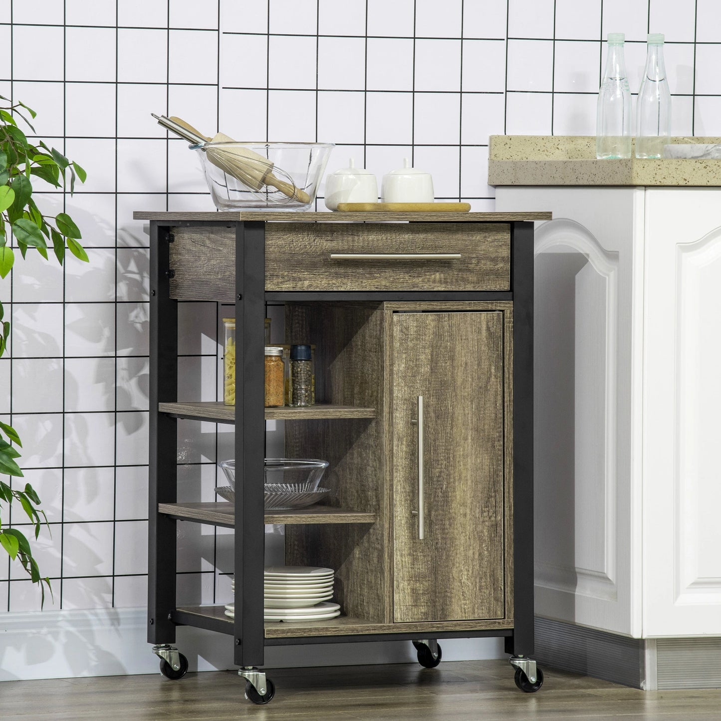 Kitchen Trolley Utility Cart on Wheels with Storage Shelves & Drawer for Dining Room, Dark Oak