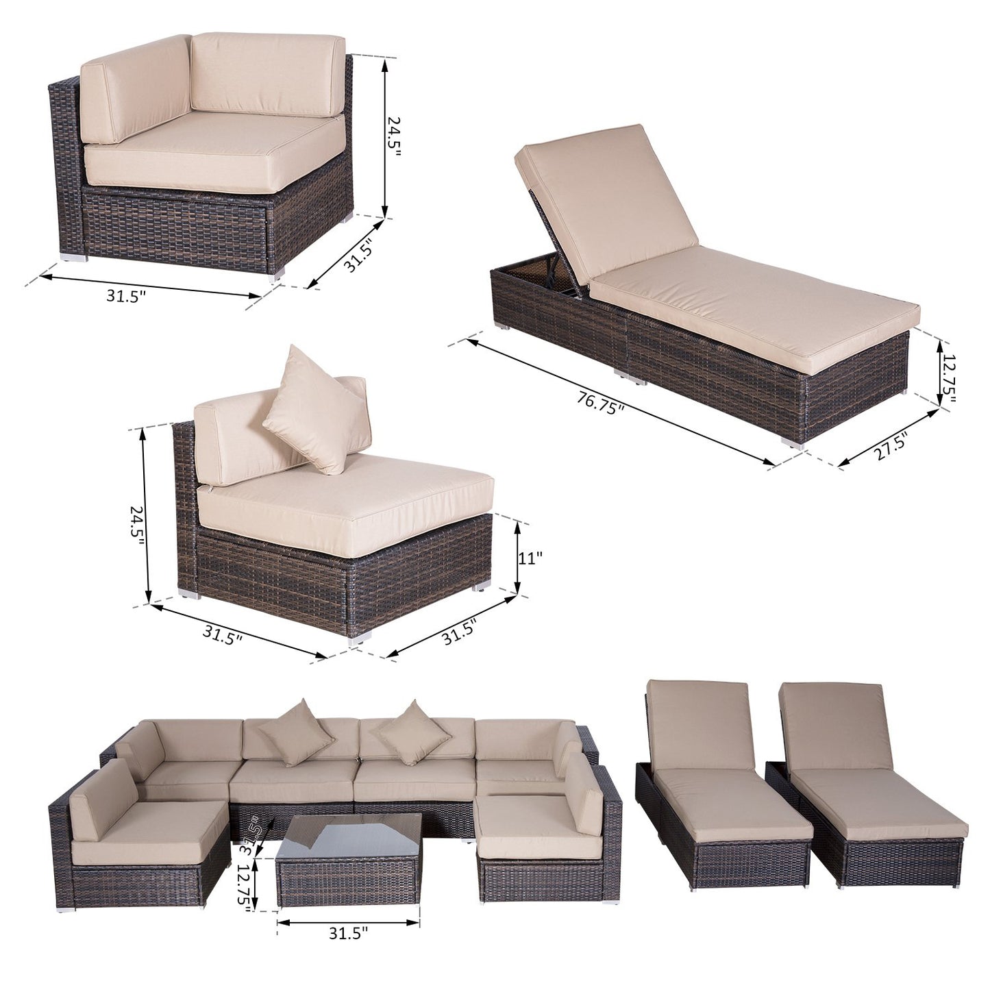 Outsunny 9 pieces Patio Furniture Set, Rattan Outdoor Conversation Set Garden Wicker Sofa Set Sectional Furniture With Aluminum Frame, Cushion and Tempered Glass Top Table, Coffee