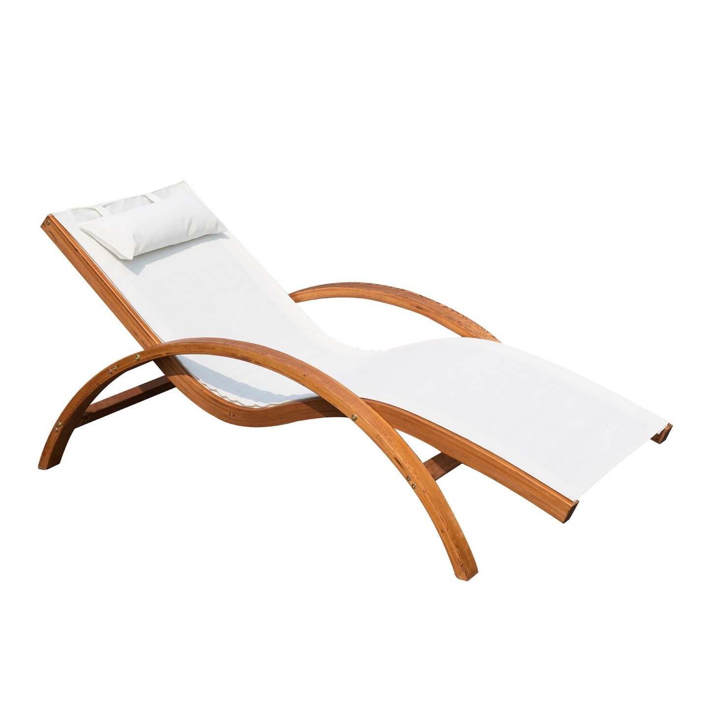 Outsunny Outdoor Wood Sling Chaise Lounge Reclining Garden Mesh Lounger Patio Chair with Headrest Cream