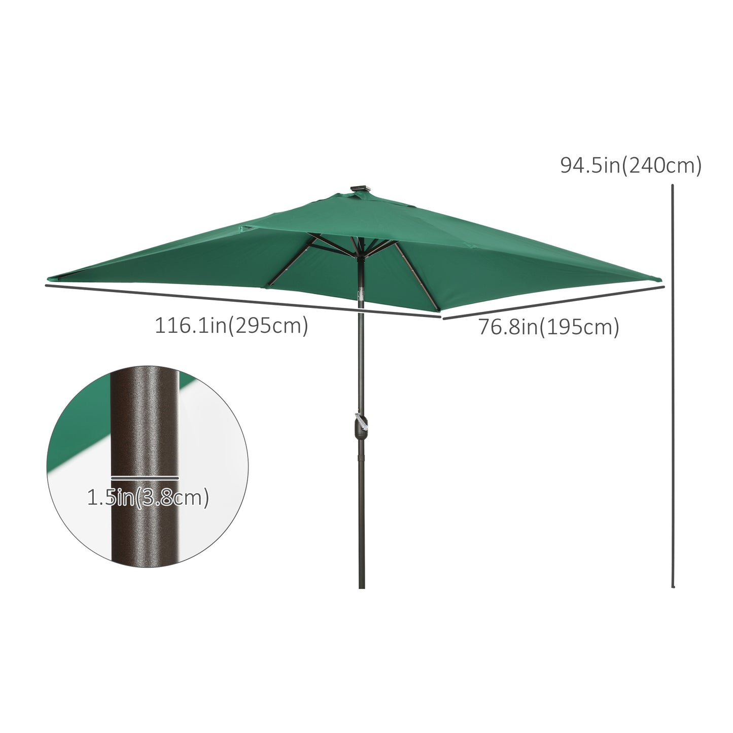 Outsunny 6.5x10ft Patio Umbrella Rectangle Solar Powered Tilt Aluminum Outdoor Market Parasol with LEDs Crank (Dark Green)