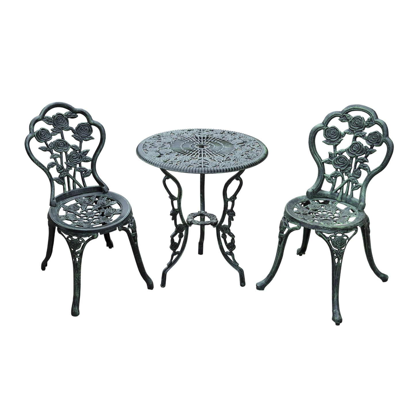 Outsunny 3 Pieces Antique Style Patio Bistro Table Chair Set Outdoor Garden Furniture Indoor Tea Table w/ Umbrella Hole and Chair Set, Antique Green