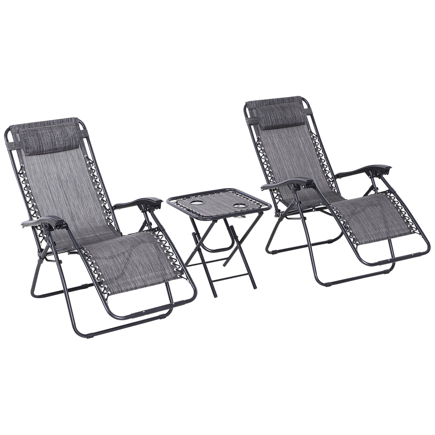 Outsunny 3pcs Zero Gravity Lounger Chair Set Patio Chaise Lounge Side Table Set with Cup Holder, Dark Grey