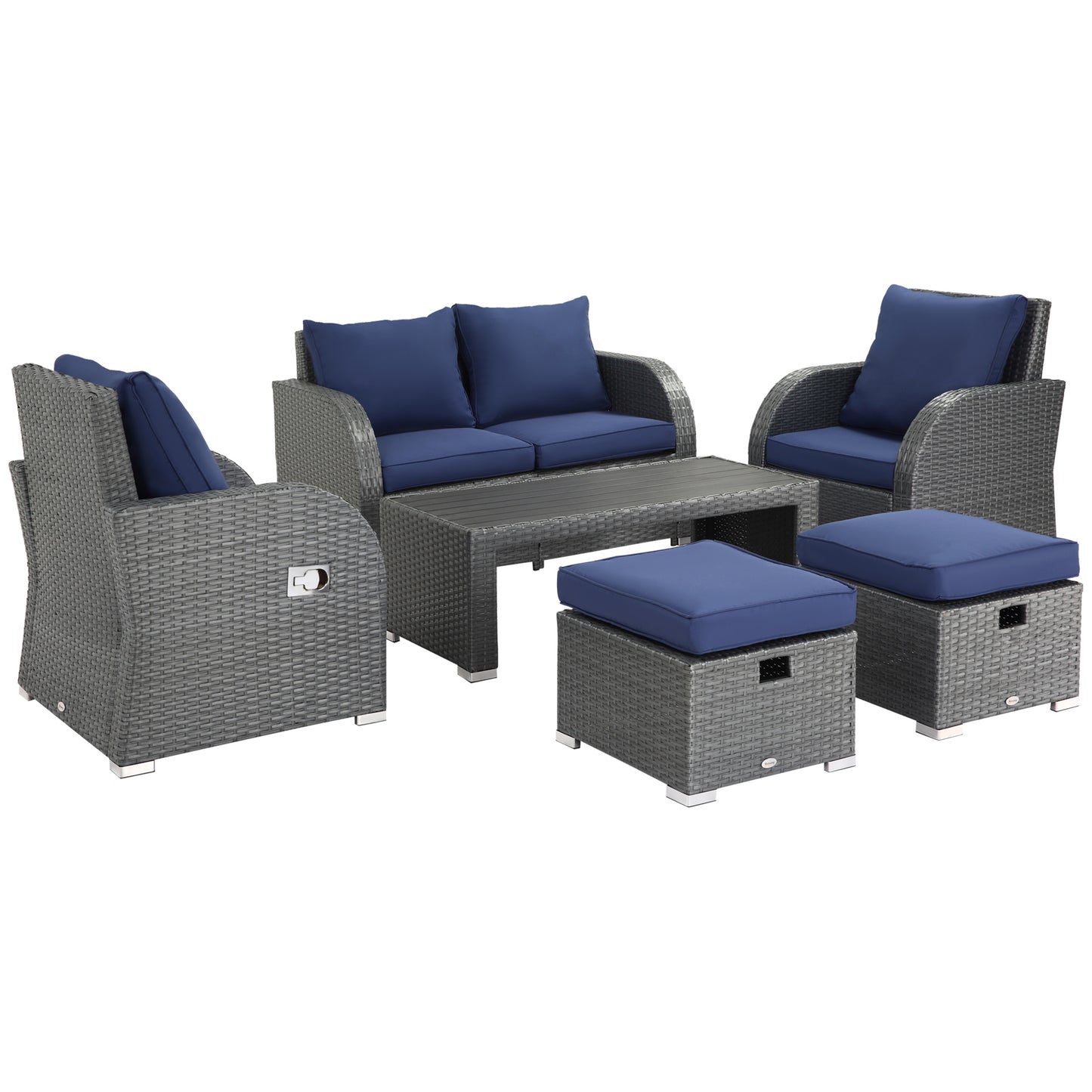 Outsunny 6-PCs Outdoor Rattan Wicker Sofa Set Angle Adjustable Recline Single Chair, w/ Gas Spring & Soft Washable Cushions, Dark Blue