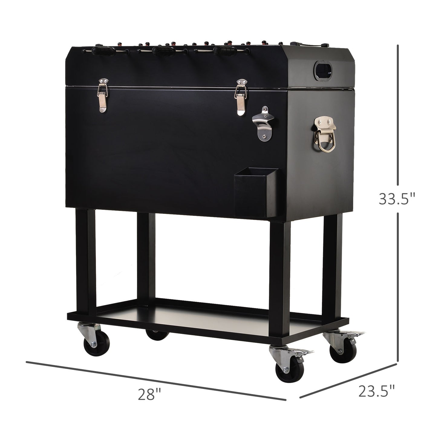 Outsunny 65L Patio Cooler Ice Chest with Foosball Table Top, Portable Poolside Party Bar Cold Drink Rolling Cart on Wheels with Tray Shelf Black