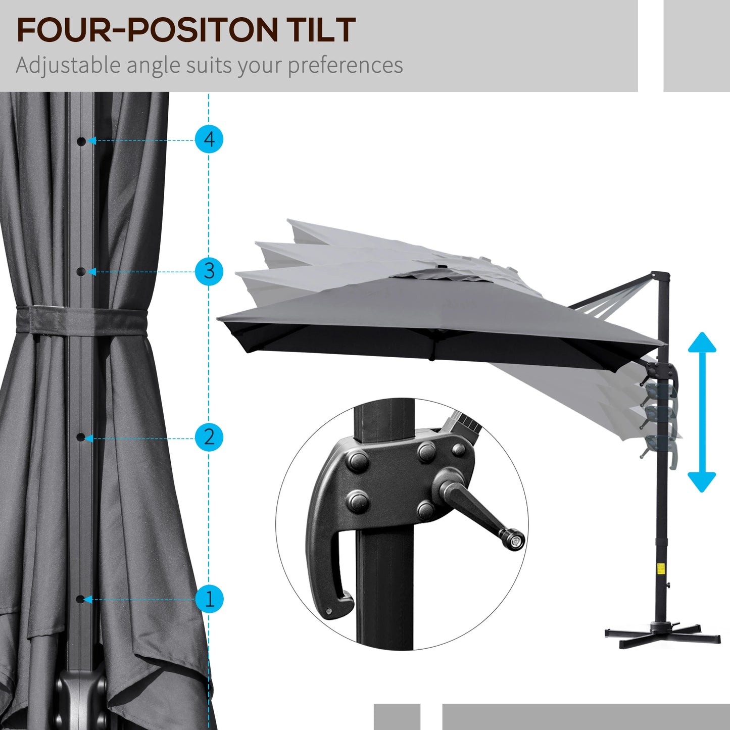 Outsunny 10x10ft Patio Cantilever Umbrella Rotatable Square Top Grey