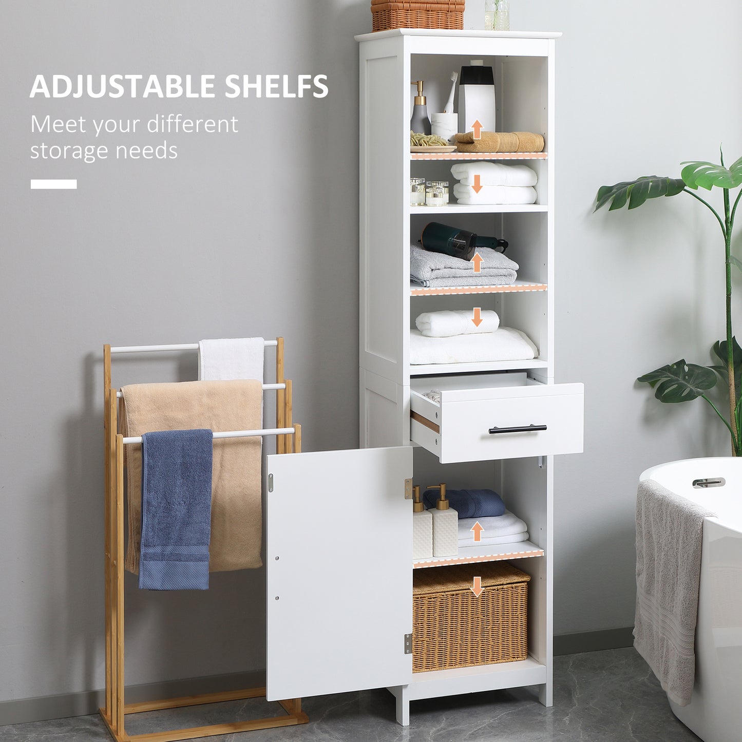 Tall Bathroom Storage Cabinet, Free Standing Bathroom Cabinet Slim Side Organizer w/ 3-Tier Open Shelf, Cupboard, Door, and Drawer, White