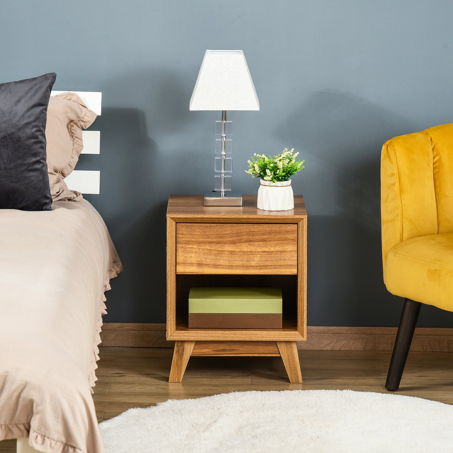 Modern Nightstand, Living Room End Table with Drawer and Shelf, Walnut Brown