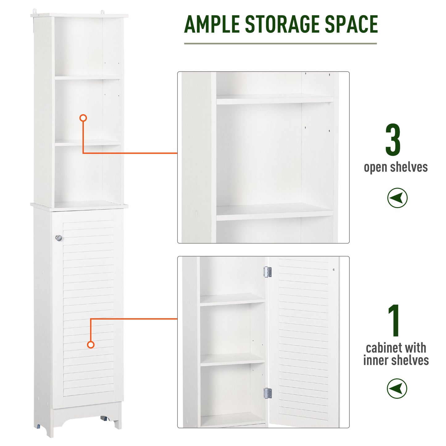 Tall Bathroom Storage Cabinet, Freestanding Linen Tower with 3-Tier Open Adjustable Shelf and Cupboard, White