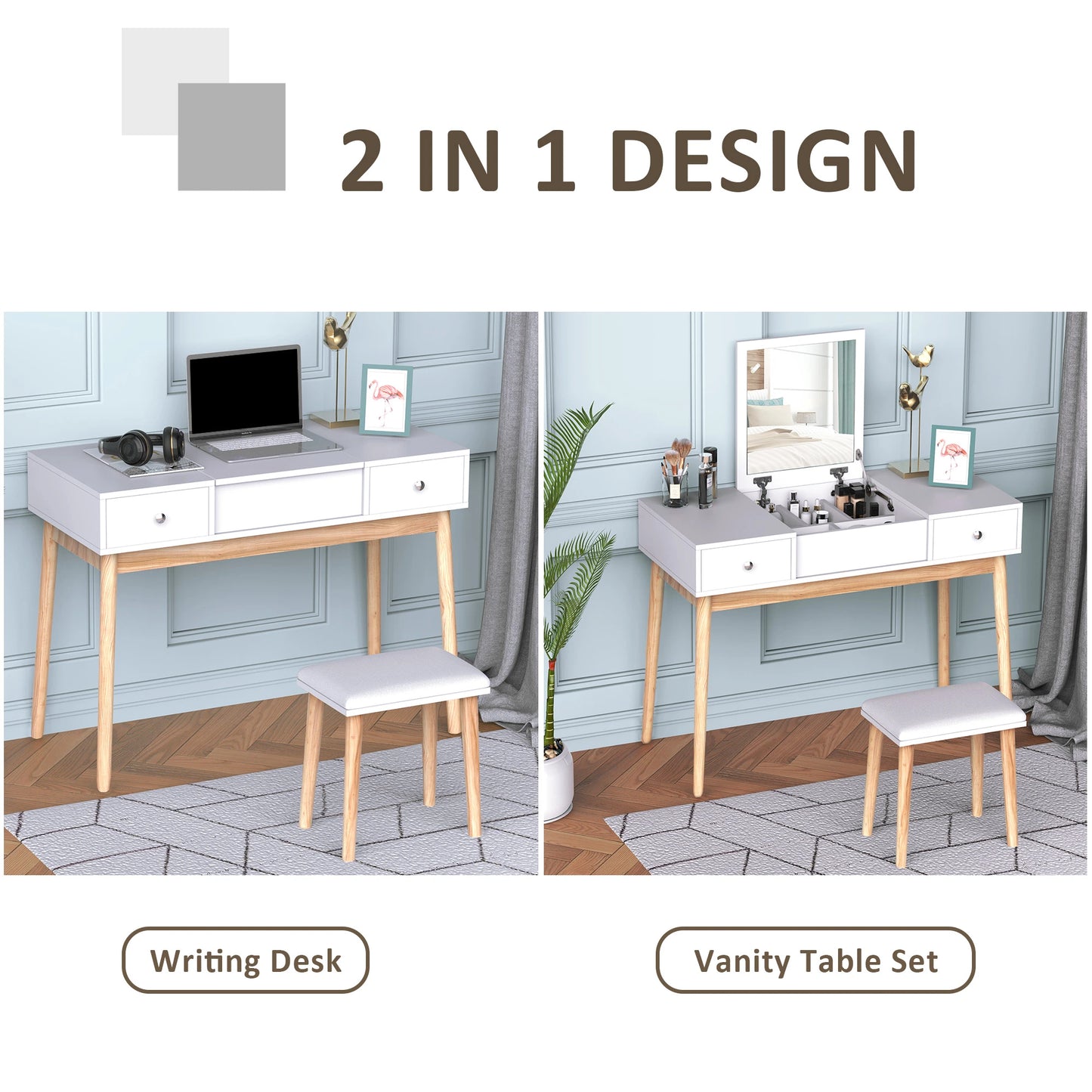 Dressing Table Set with Mirror 2 Drawers Cushioned Stool Makeup Table White