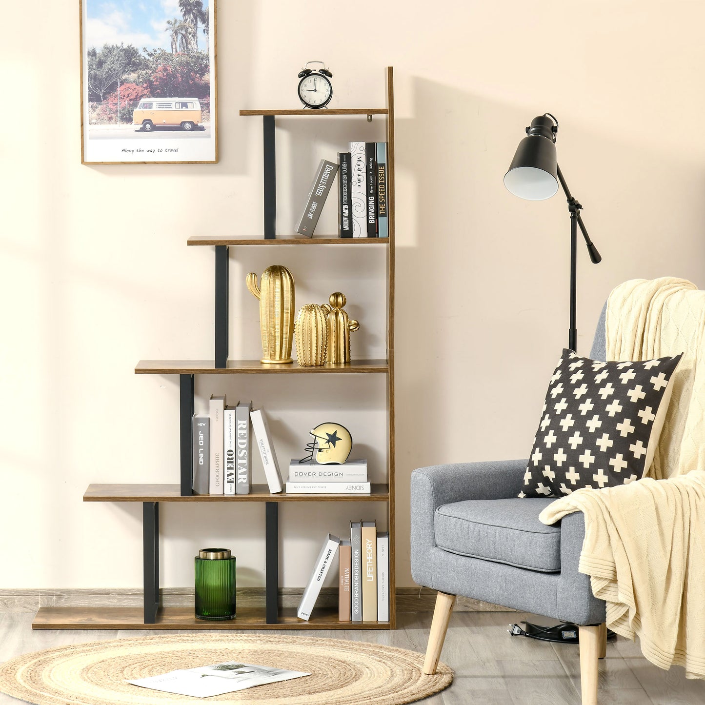 Industrial Bookcase 5-Tier Wooden Ladder Bookshelf Display Stand Organizer for Livingroom Indoor Corner Shelf - Rustic Brown