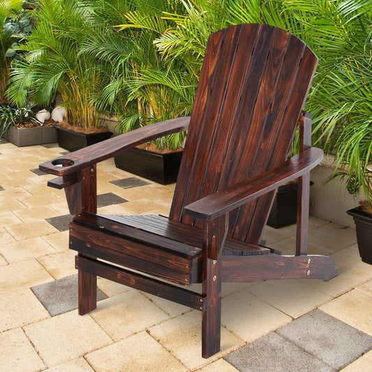 Outsunny Outdoor Classic Wooden Adirondack Deck Lounge Muskoka Chair with Ergonomic Design & a Built-In Cup Holder, Brown