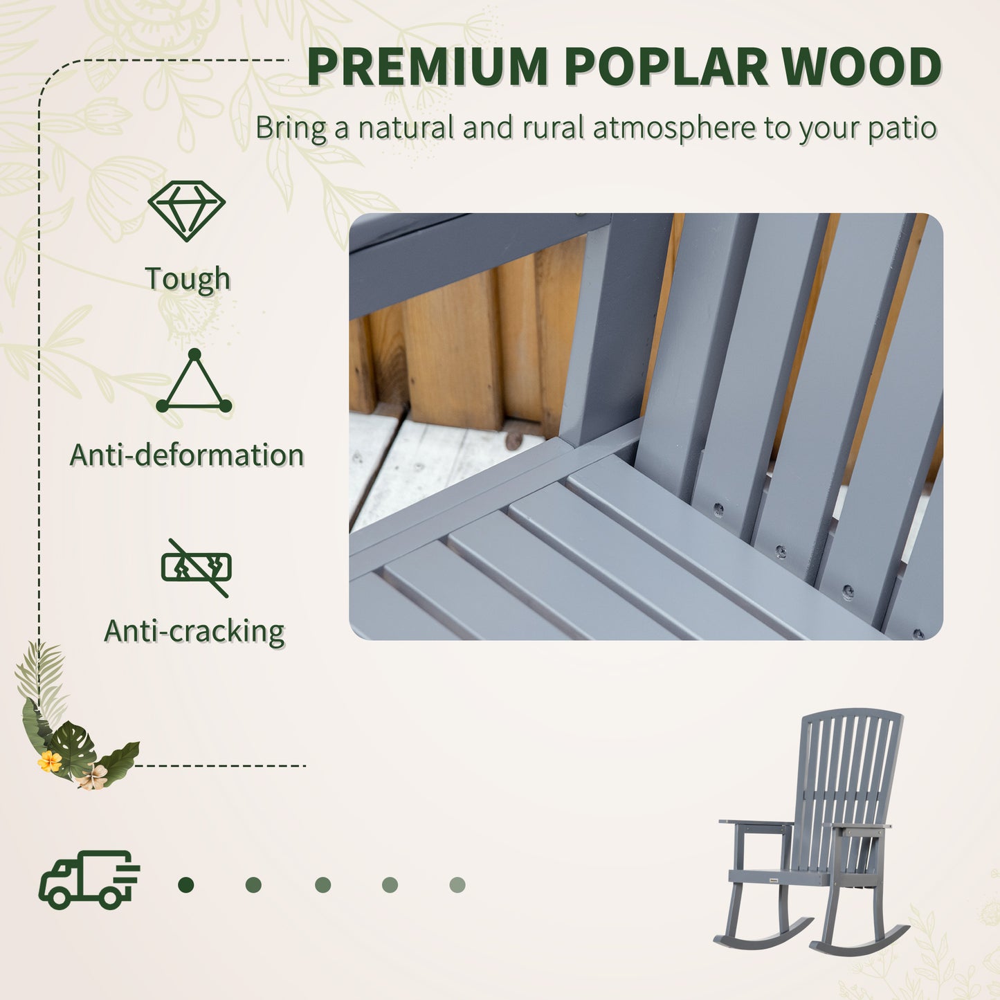 Patio Wooden Rocking Chair, Outdoor Porch Rocker Chair with High back, Smooth Armrests, for Outdoor & Indoor Use, Grey