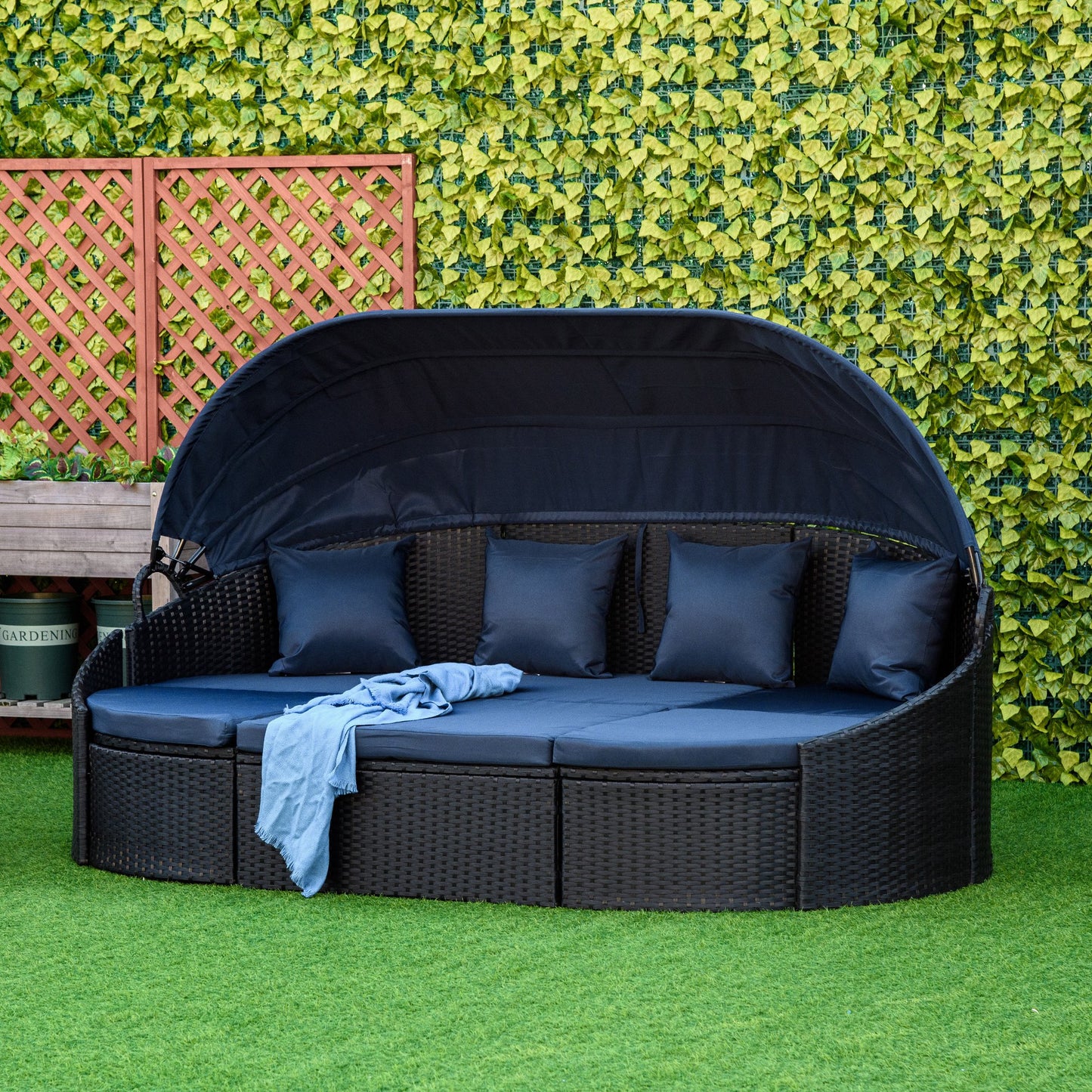 Outsunny 4 Pieces Rattan Daybed Patio PE Wicker Round Furniture Outdoor Rattan Garden Lounge Sofa Sets Sectional Conversation Set with Canopy, Cushions, & Pillows, Dark Blue