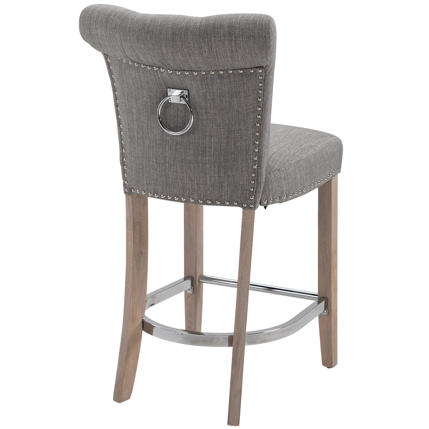 Linen Bar Stools Set of 2, Dining Chair with Footrest and Solid Wood Leg, Grey