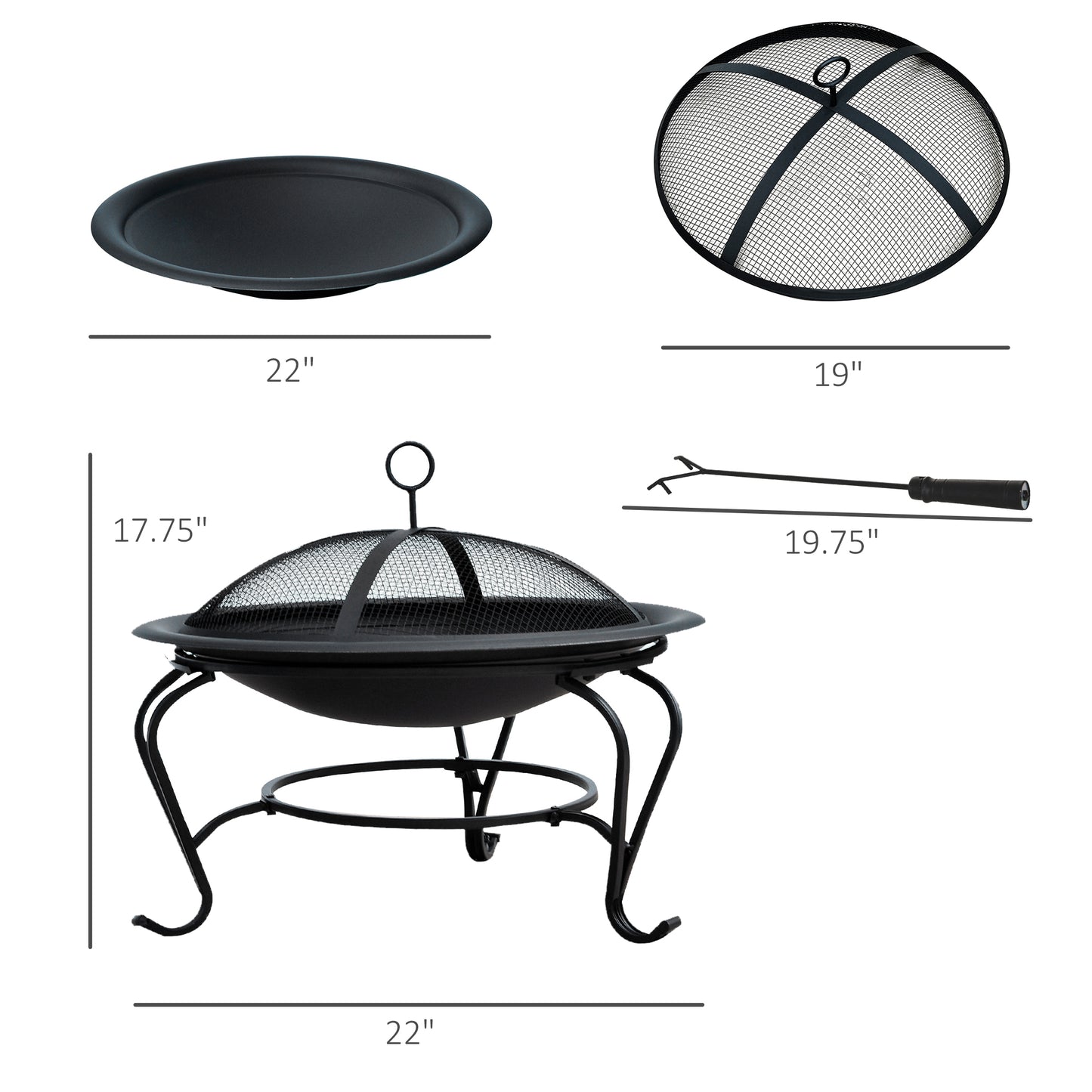 Outsunny 22" Round Fire Pit with Poker and Spark Screen Wood Burning Patio Fireplace Black