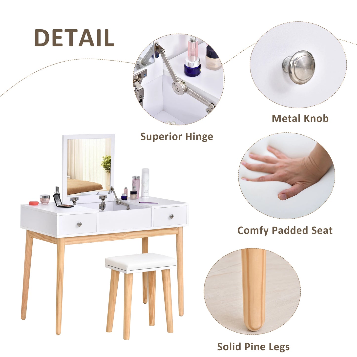 Dressing Table Set with Mirror 2 Drawers Cushioned Stool Makeup Table White