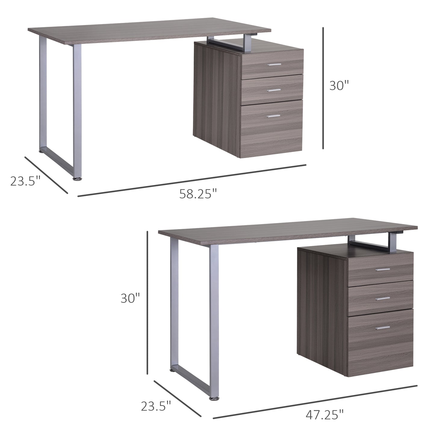 Industrial Style Office Desk Computer Desk with Multi-Use Removable File Drawers Dark Wood Grain Color