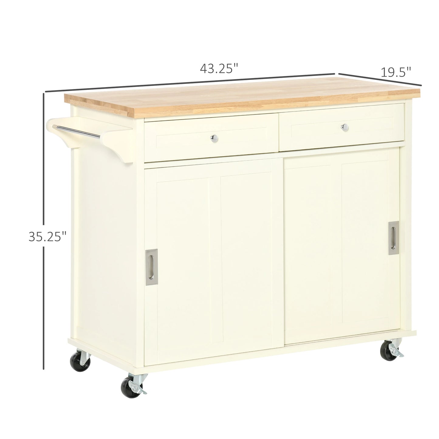 Rolling Kitchen Island Utility Trolley Storage Cart with Rubberwood Top, 2 Drawers, Towel Rack, Cream White