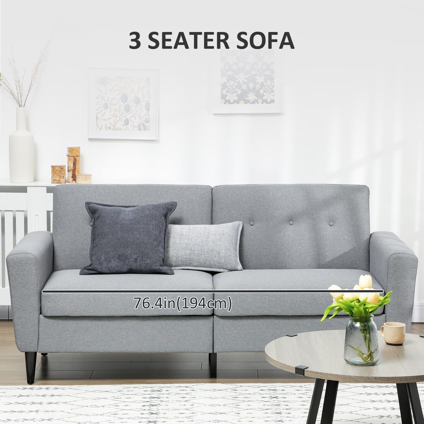 3 Seater Sofa, Upholstered Small Couch for Bedroom, Modern Futon Sofa Settee with Padded Cushion, Button Tufting and Wood Legs for Living Room, Gray