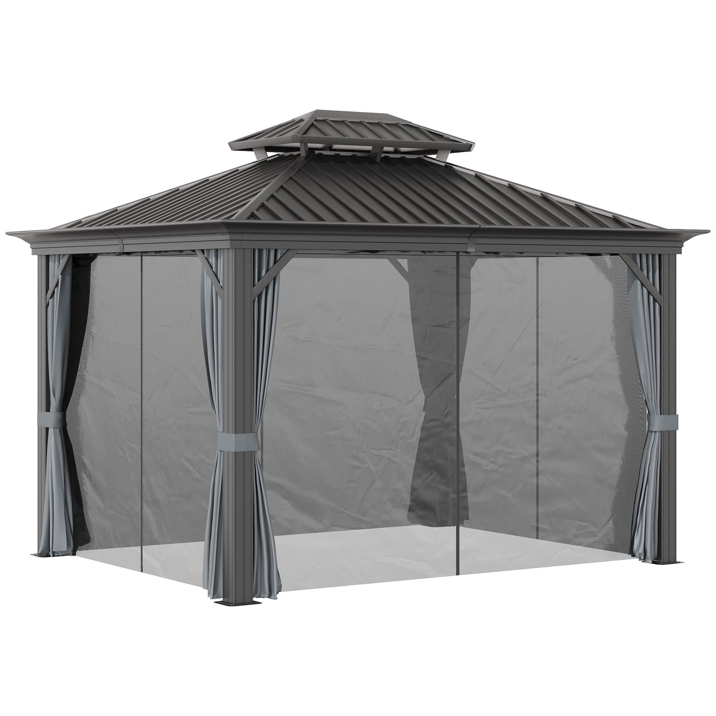 Outsunny 12' x 10' Outdoor Hardtop Gazebo with Galvanized Steel Canopy & Netting Sidewalls for Lawn, Backyard, Dark Grey