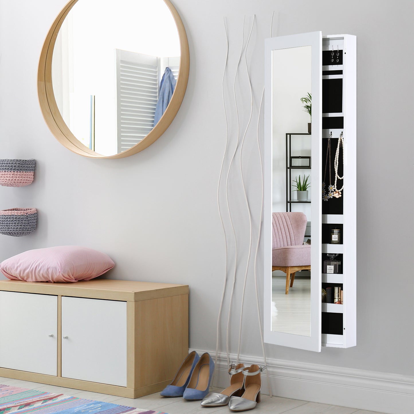 Jewelry Cabinet with Full Length Mirror, Wall Mounted Jewelry Armoire Storage Organizer, White