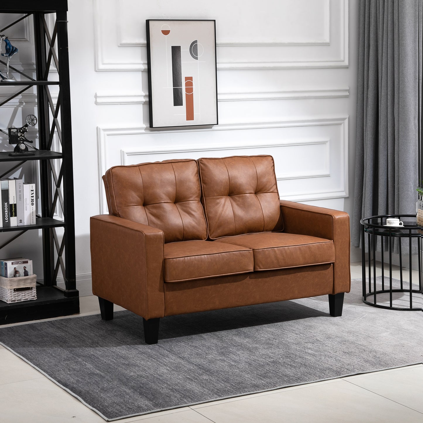 51" PU Leather Double Sofa with Sponge Padding Armrest, Tufted Back and Pocket Spring, Brown