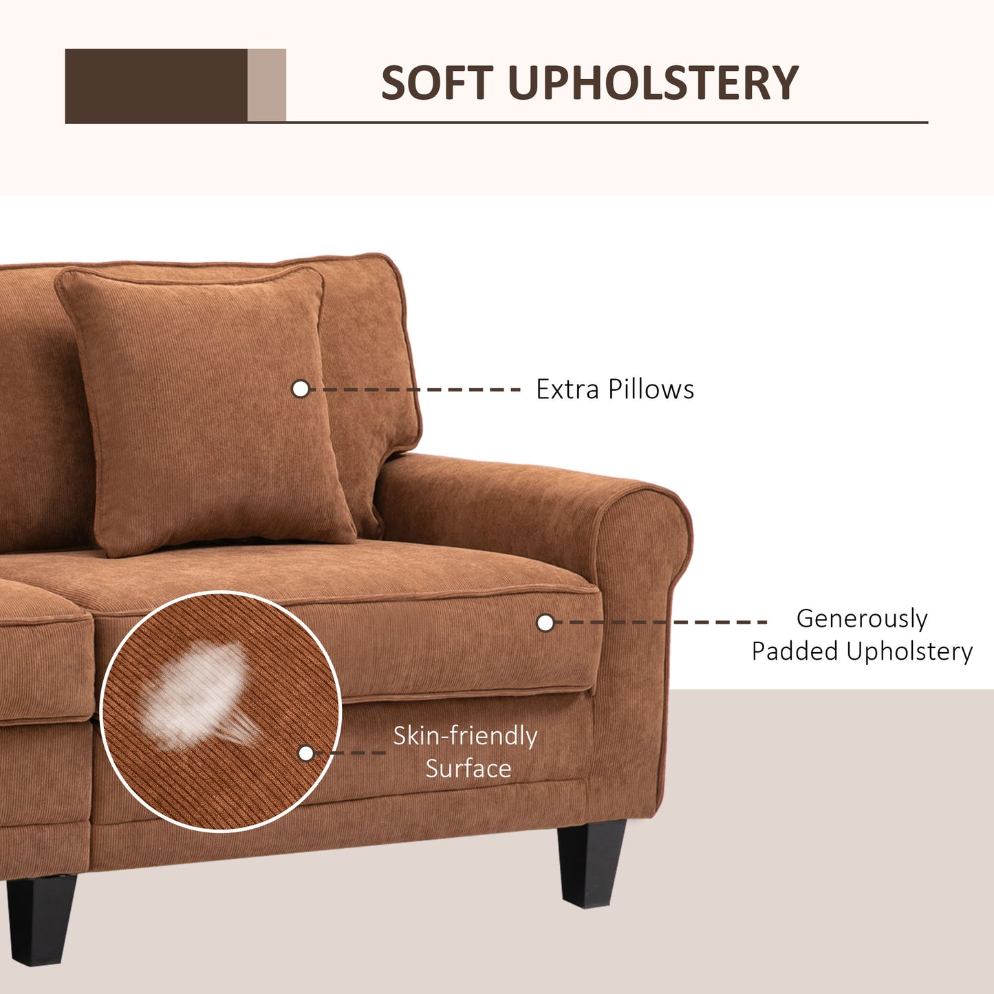 Modern Classic 3-Seater Sofa, Corduroy Fabric with Pine Wood Legs, Rolled Arms, Brown